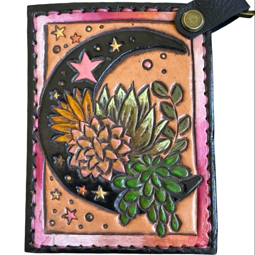 Artisan Handmade Western Southwest Leather Card Holder Moon Cowgirl Wallet